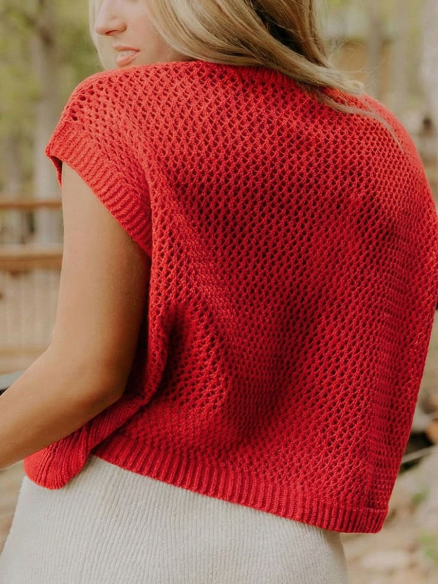 Red knit short-sleeve sweater with open mesh detail and ribbed trim