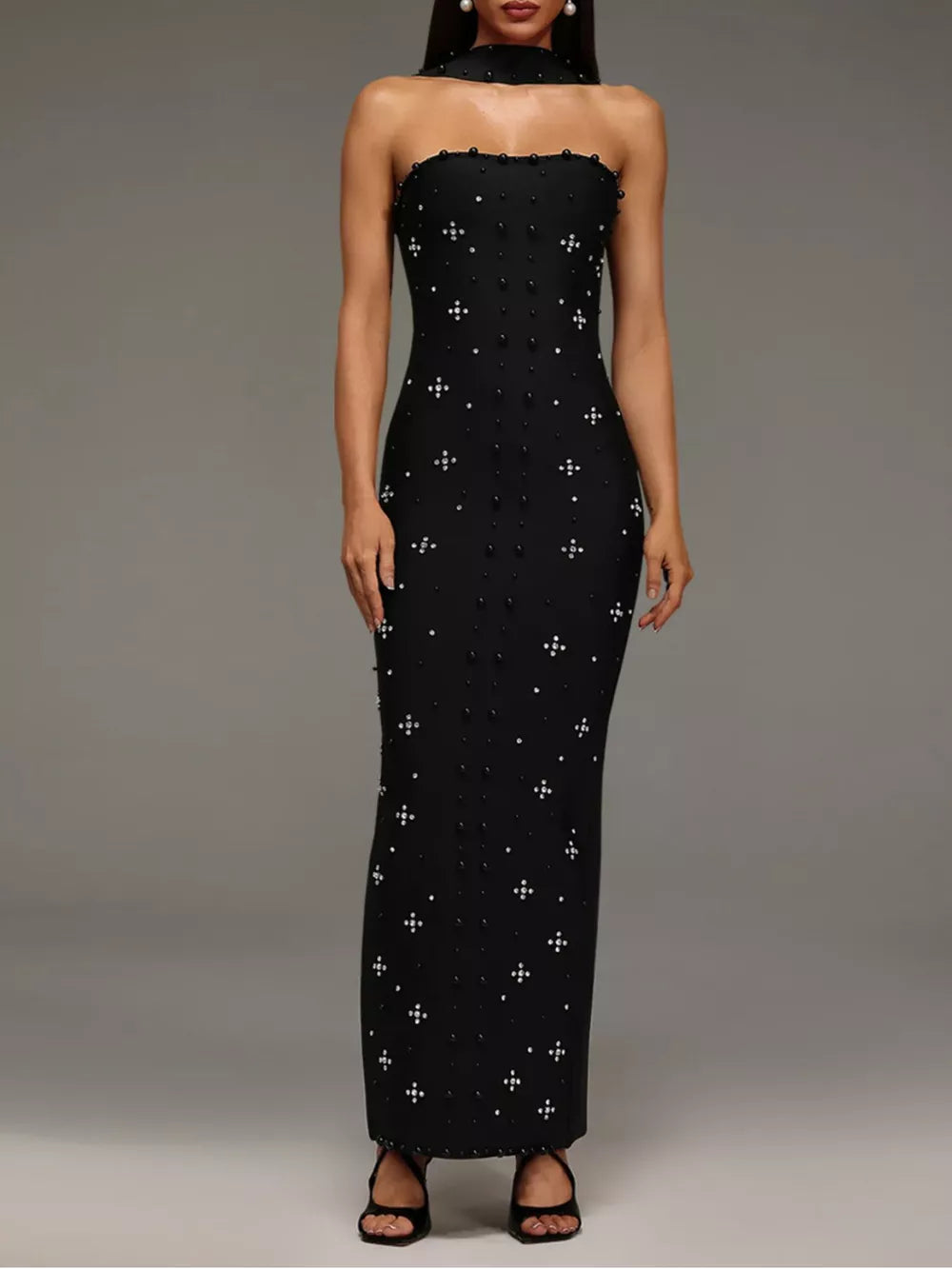maxi dress in black featuring rhinestone and fitted fit
