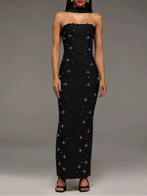 maxi dress in black featuring rhinestone and fitted fit