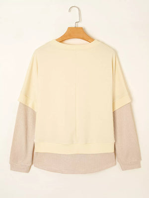1 Faux Two Piece Patchwork Sweatshirt in Beige, 2 In 1 Faux Two Piece Patchwork Sweatshirt in 1 Faux Two Piece Patchwork