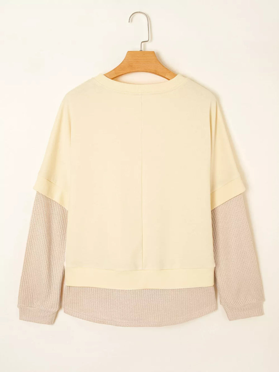 1 Faux Two Piece Patchwork Sweatshirt in Beige, 2 In 1 Faux Two Piece Patchwork Sweatshirt in 1 Faux Two Piece Patchwork
