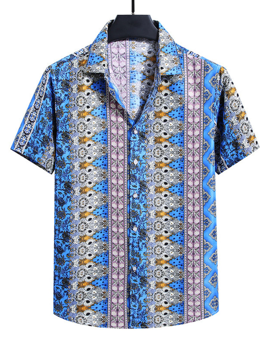 Men's blue short sleeve buttoned shirt with a colorful abstract print and vertical stripes.
