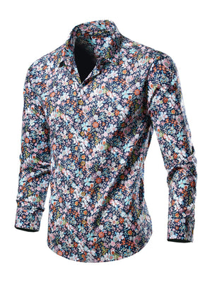 Men's long sleeve button-down shirt in navy with a multicolor floral print.
