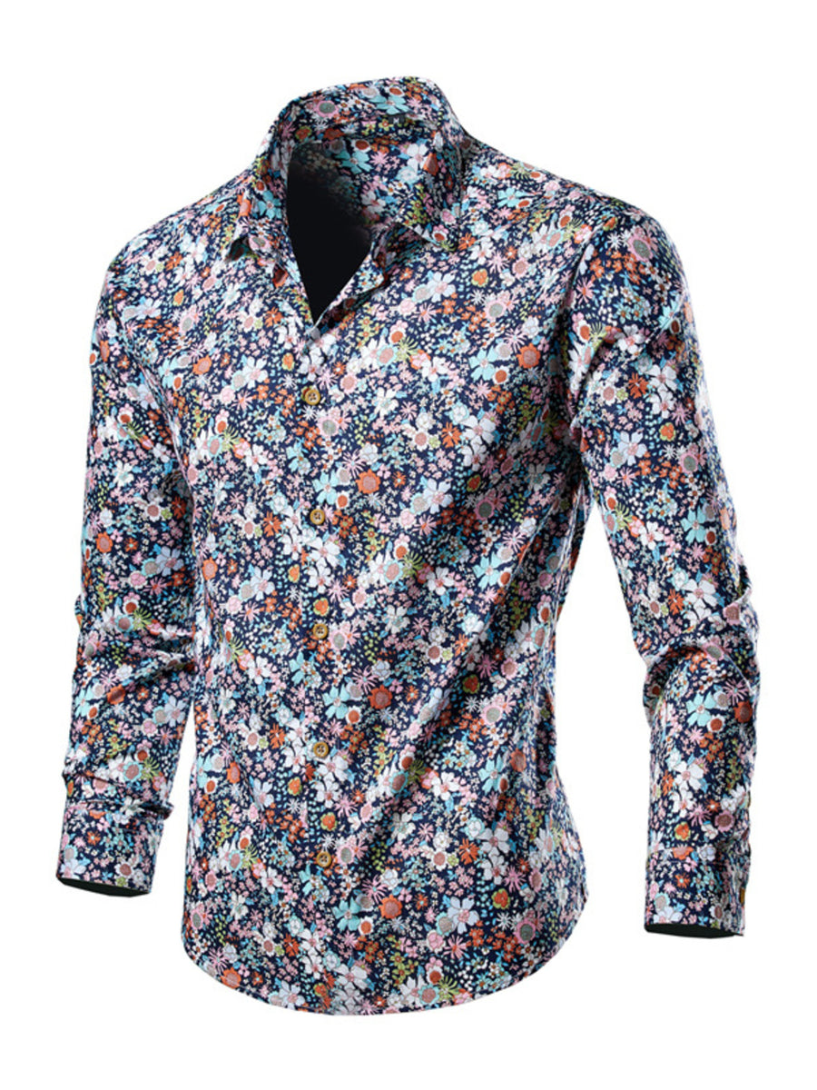 Men's long sleeve button-down shirt in navy with a multicolor floral print.