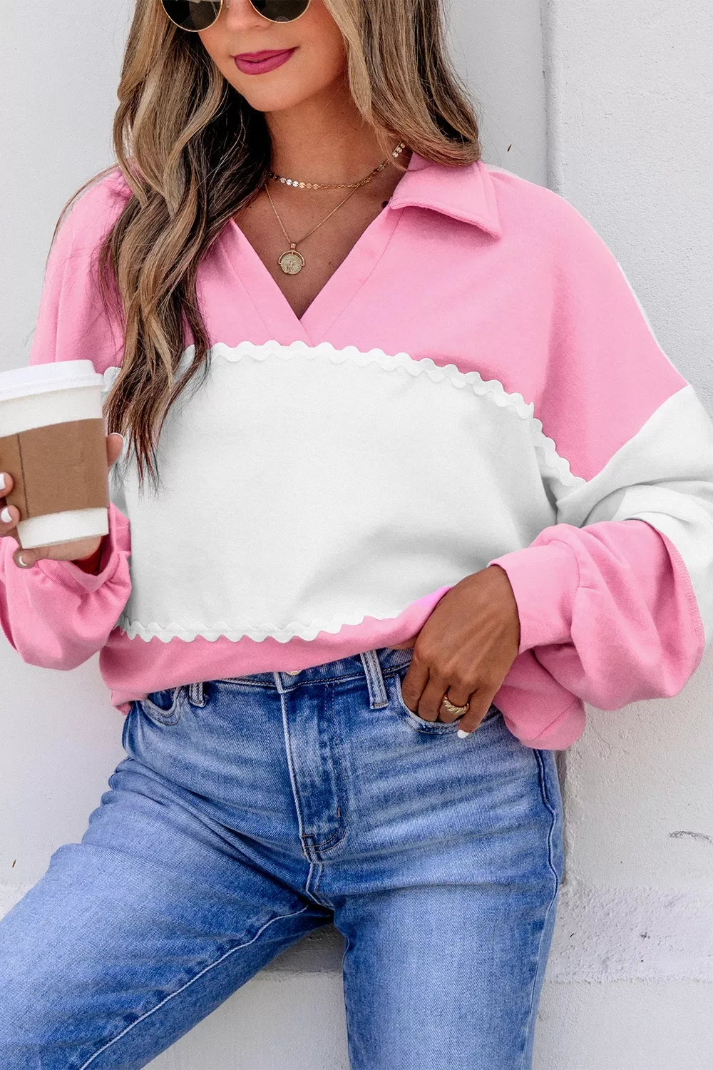 Color Block Ricrac Trim V Neck Long Sleeve Top in Pink