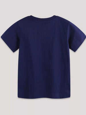 Navy blue cotton t-shirt with short sleeves and a crew neck.