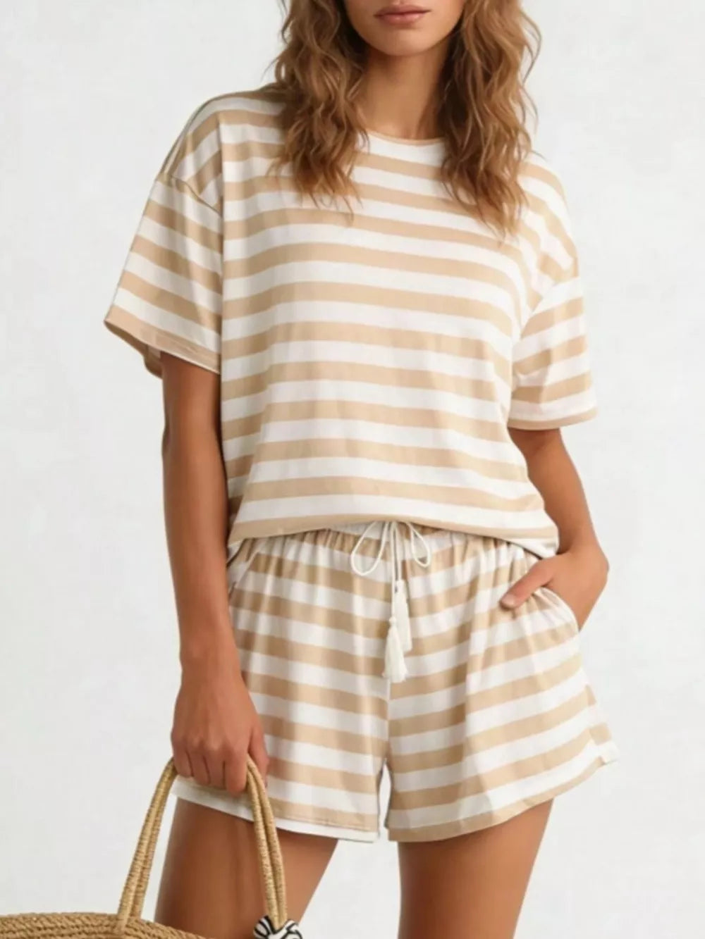 Tan and white striped t-shirt and shorts set with drawstring