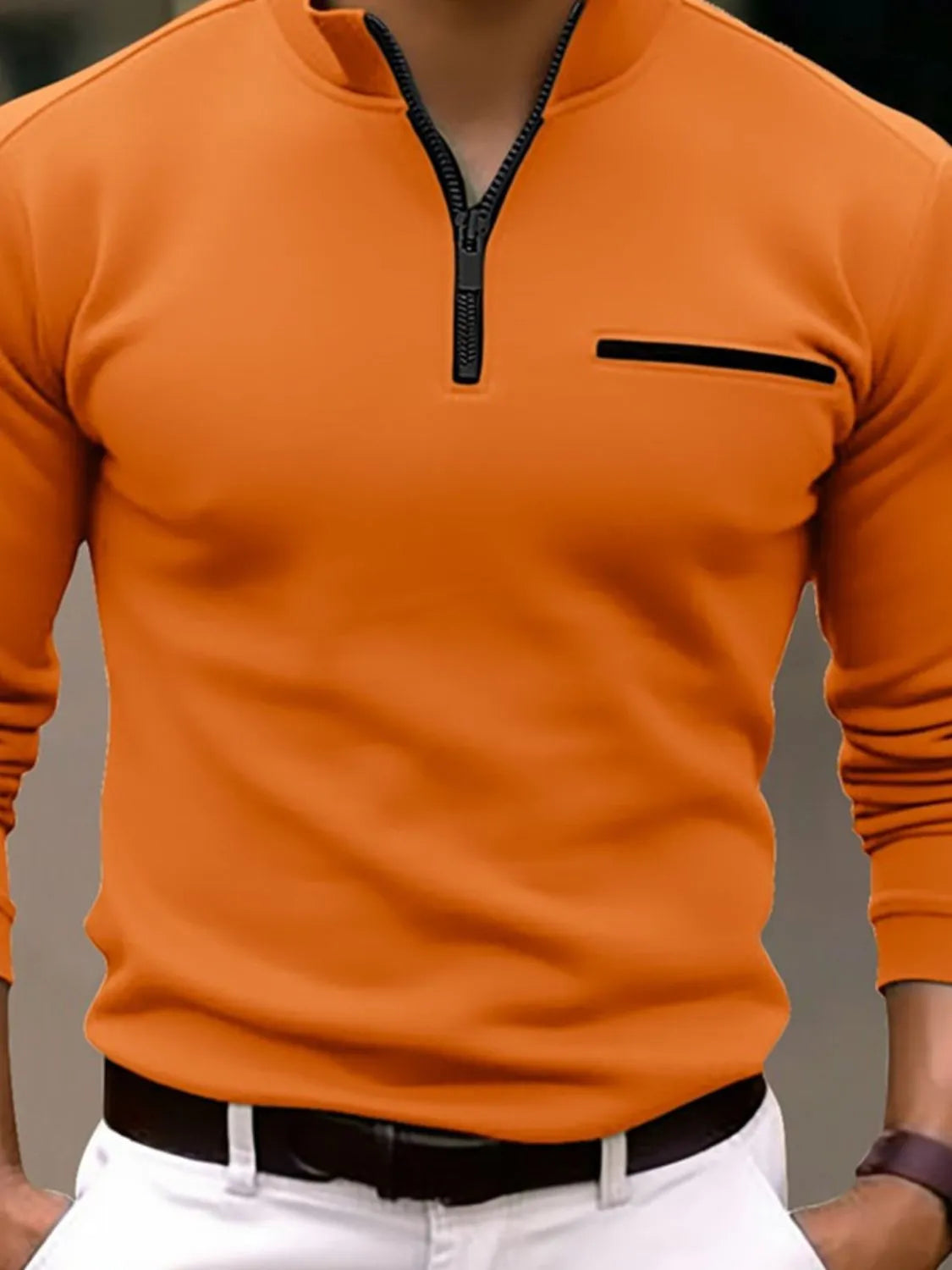 Orange mock neck zip-up sweatshirt with welt pocket