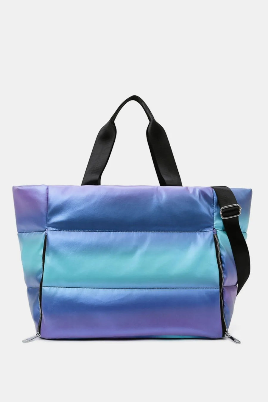 Prismatic padded tote bag in light indigo and light green with side zip detail and black straps.