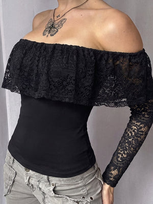 Black off-shoulder top featuring lace and lace