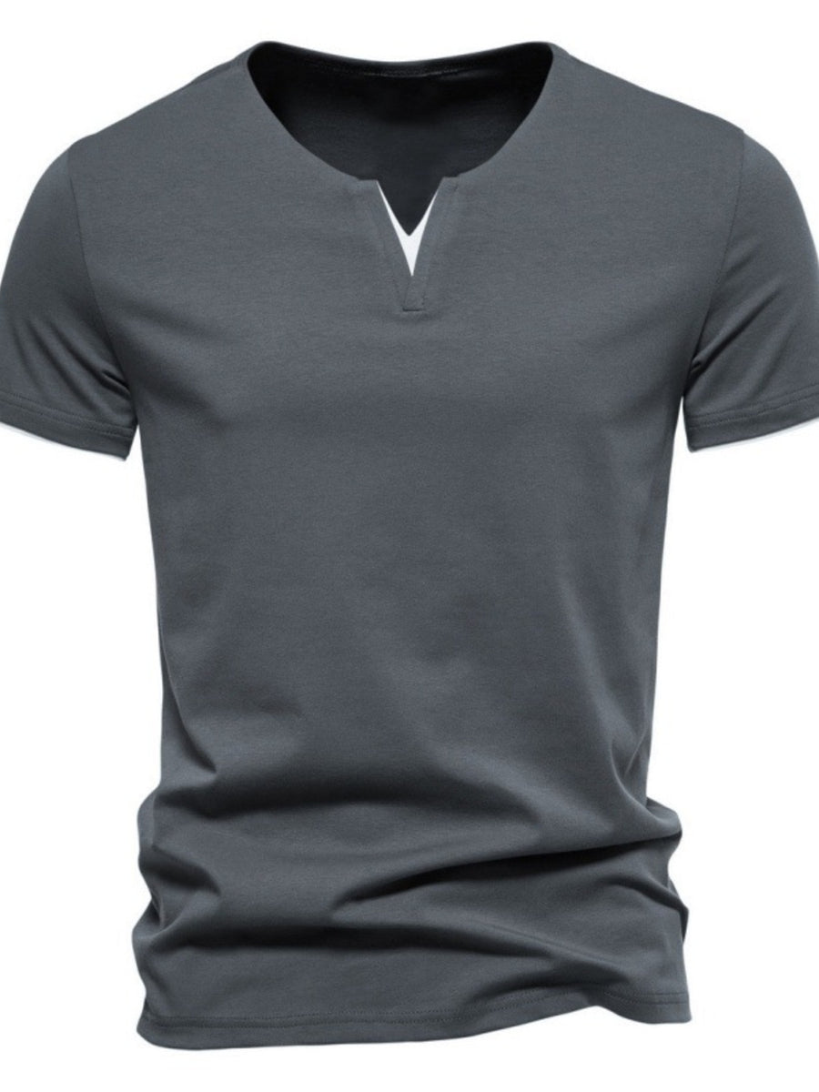 Men's dark gray cotton slim fit tee with notched V-neck