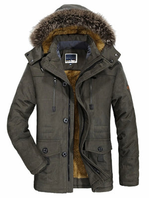 Men's Army Green Faux Fur Hooded Winter Parka with buttoned front and fur lining.