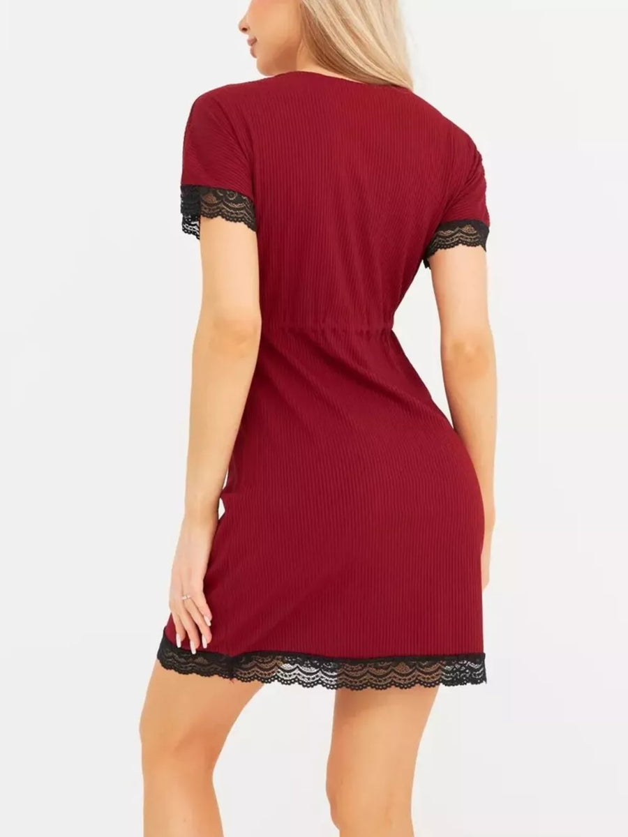 Ribbed Lace-trim V-neck Mini Dress Plus Size option 7