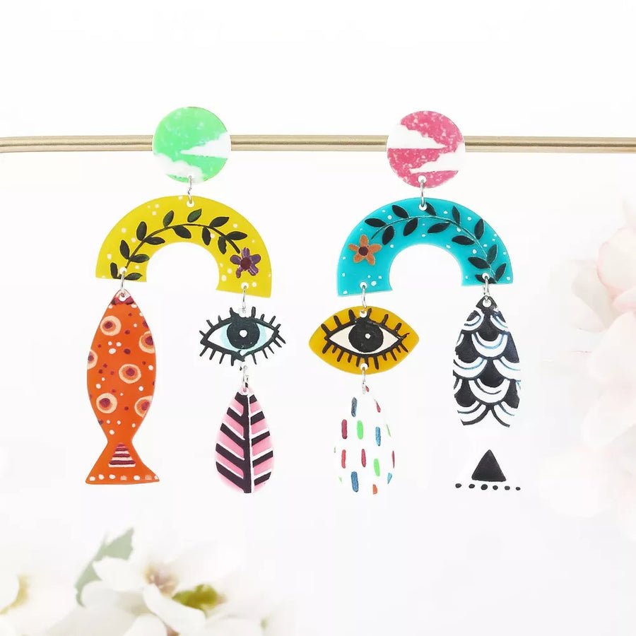 Yellow earrings with long and hook-and-eye