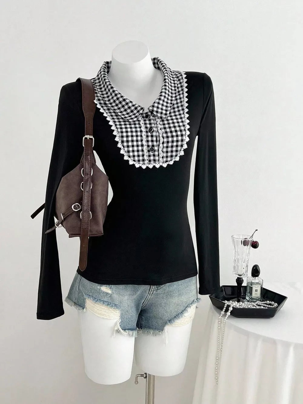 Gingham Collar Long Sleeve T-shirt