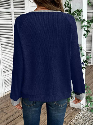 Navy ribbed maternity shirt with gray contrast collar and cuffs.