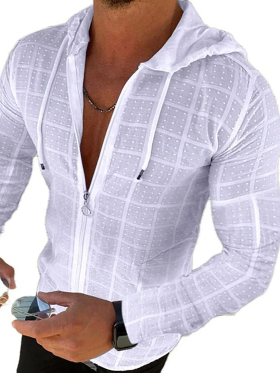 White textured grid-pattern zip-front hoodie with deep plunge neckline and drawstring hood.