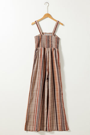Striped square neck wide-leg romper with smocked bodice and adjustable straps.