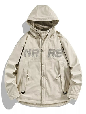 Plus size ivory white hooded jacket with snap-down front and embroidered lettering.