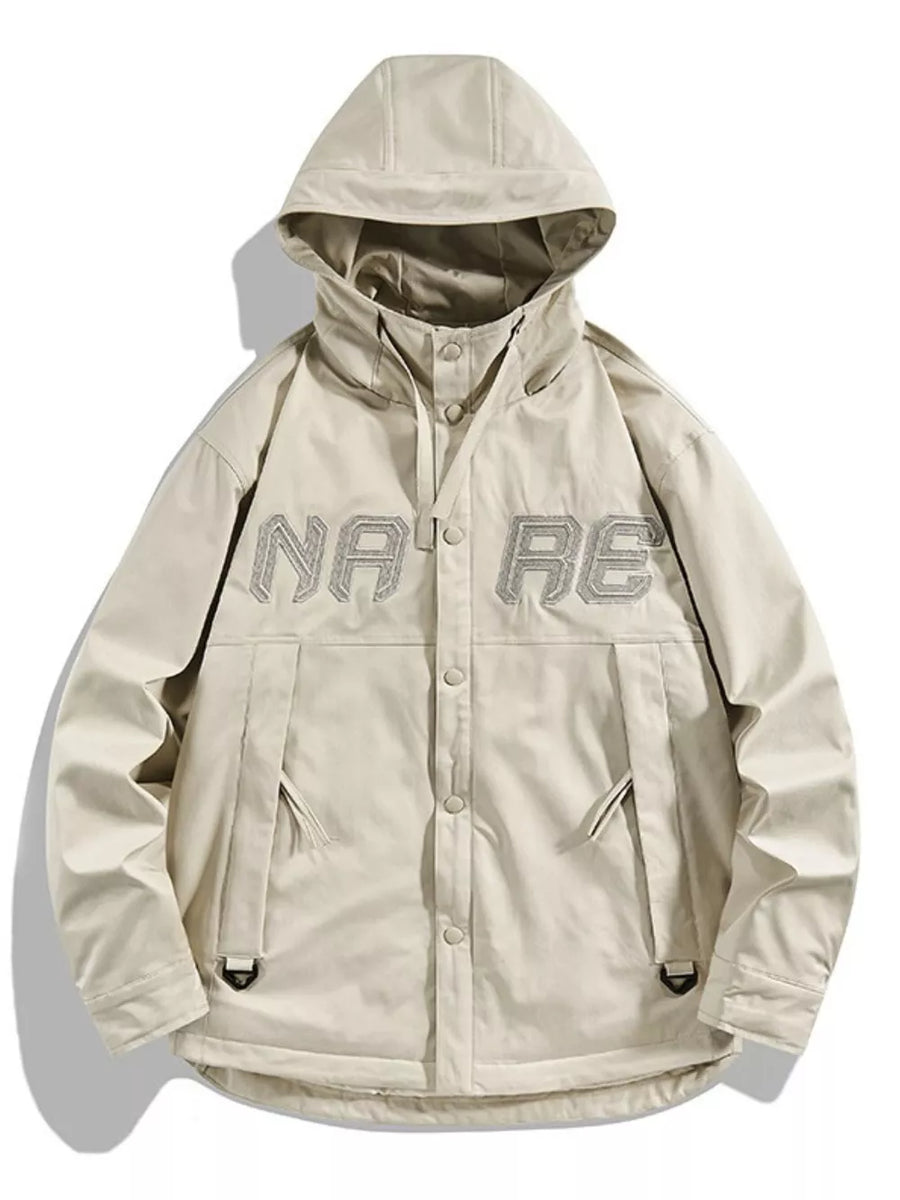 Plus size ivory white hooded jacket with snap-down front and embroidered lettering.