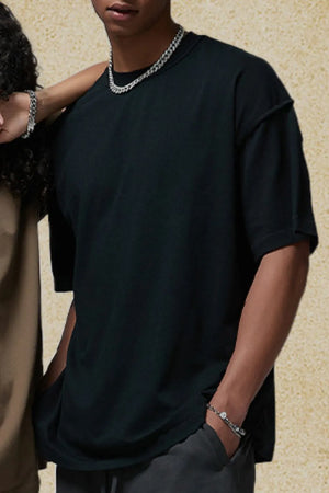 Black half sleeve t-shirt with raw edge neckline and sleeves.
