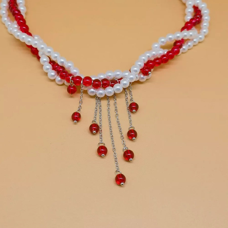 Twisted Bead Tassel Necklace in white with beaded