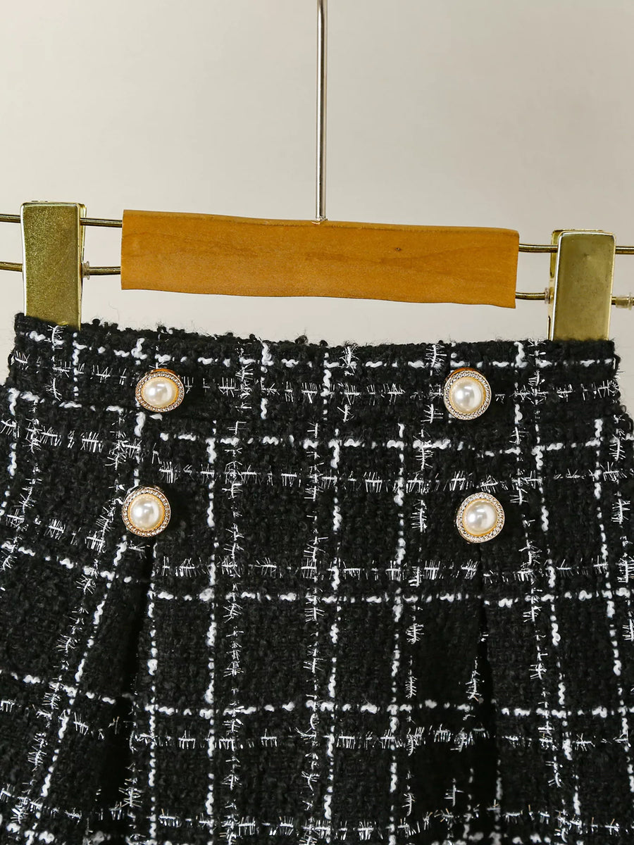 Black plaid tweed skirt with pearl button detail