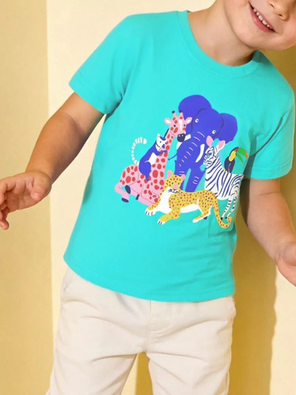 Teal cotton crew neck t-shirt with playful safari animals graphic print