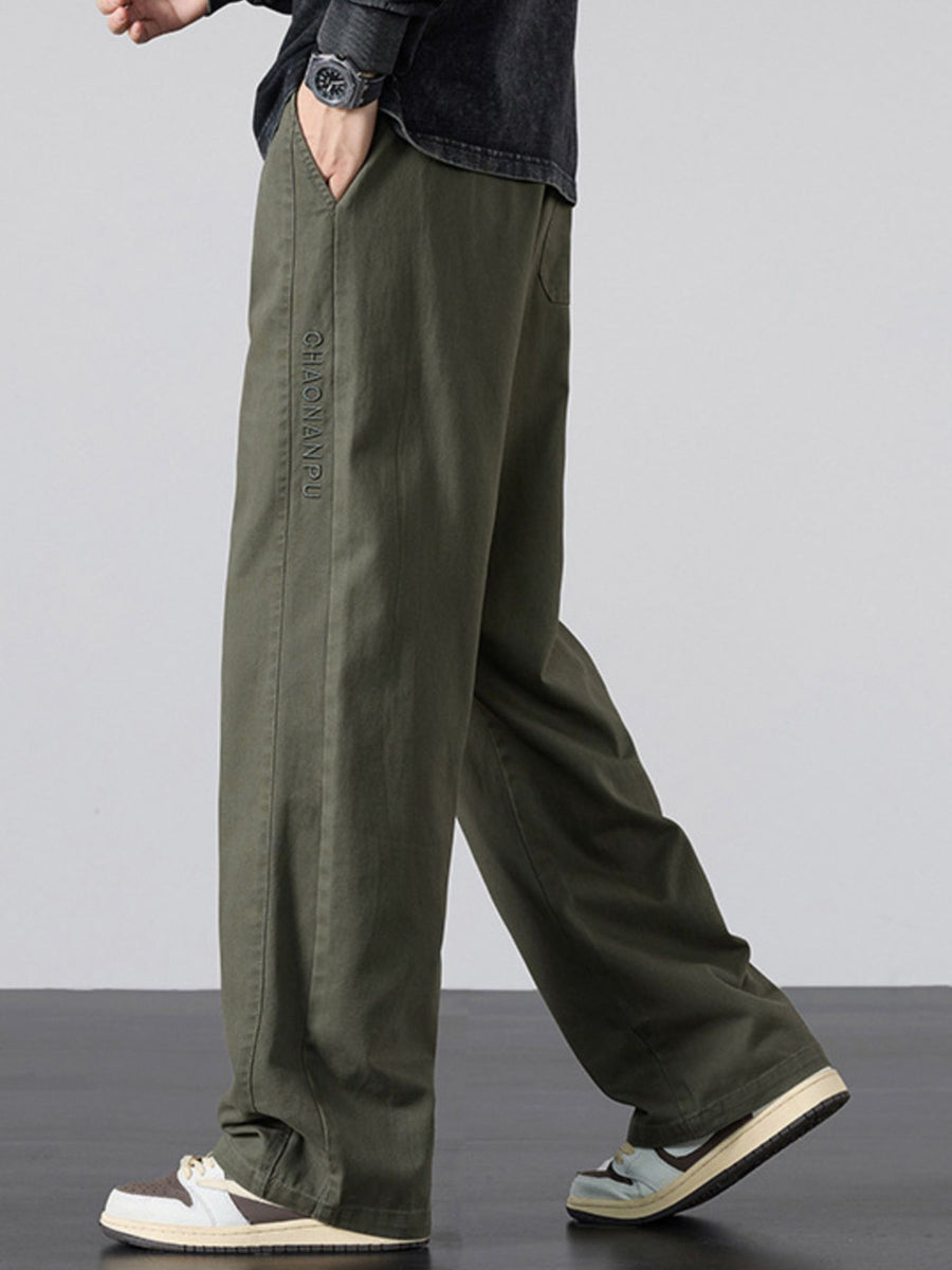 Army Green wide-leg pants with full-length and drawstring