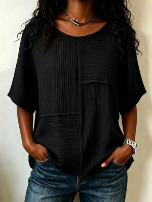 Full Size Texture Round Neck Half Sleeve Blouse in Pink