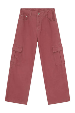 Dusty Rose wide-leg cargo pants with elastic waistband and side cargo pockets.