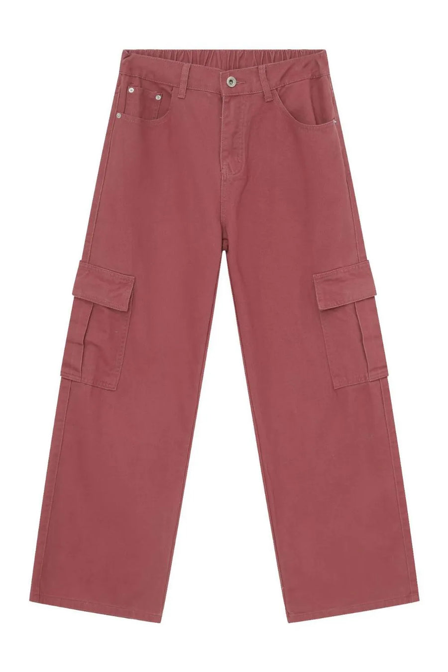 Dusty Rose wide-leg cargo pants with elastic waistband and side cargo pockets.