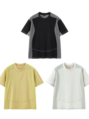Relaxed fit t-shirt with contrast stitching in black, yellow, and white.