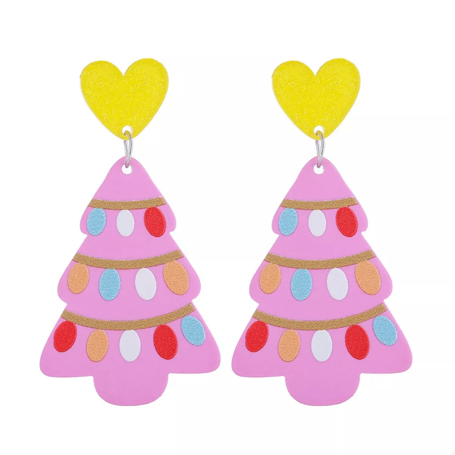 Festive Christmas tree dangle earrings in pink with colorful lights and yellow heart tops.