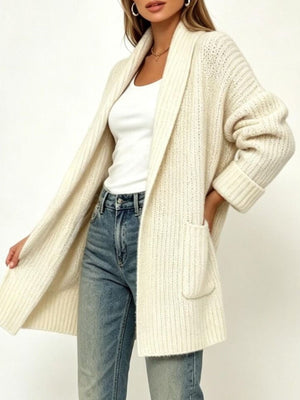 cardigan in cream featuring ribbed and relaxed fit