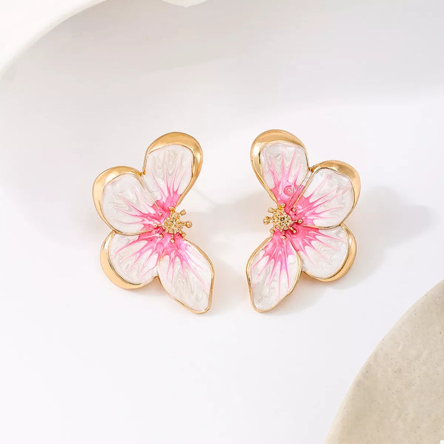 Pink butterfly blossom stud earrings with 18K gold-plated details