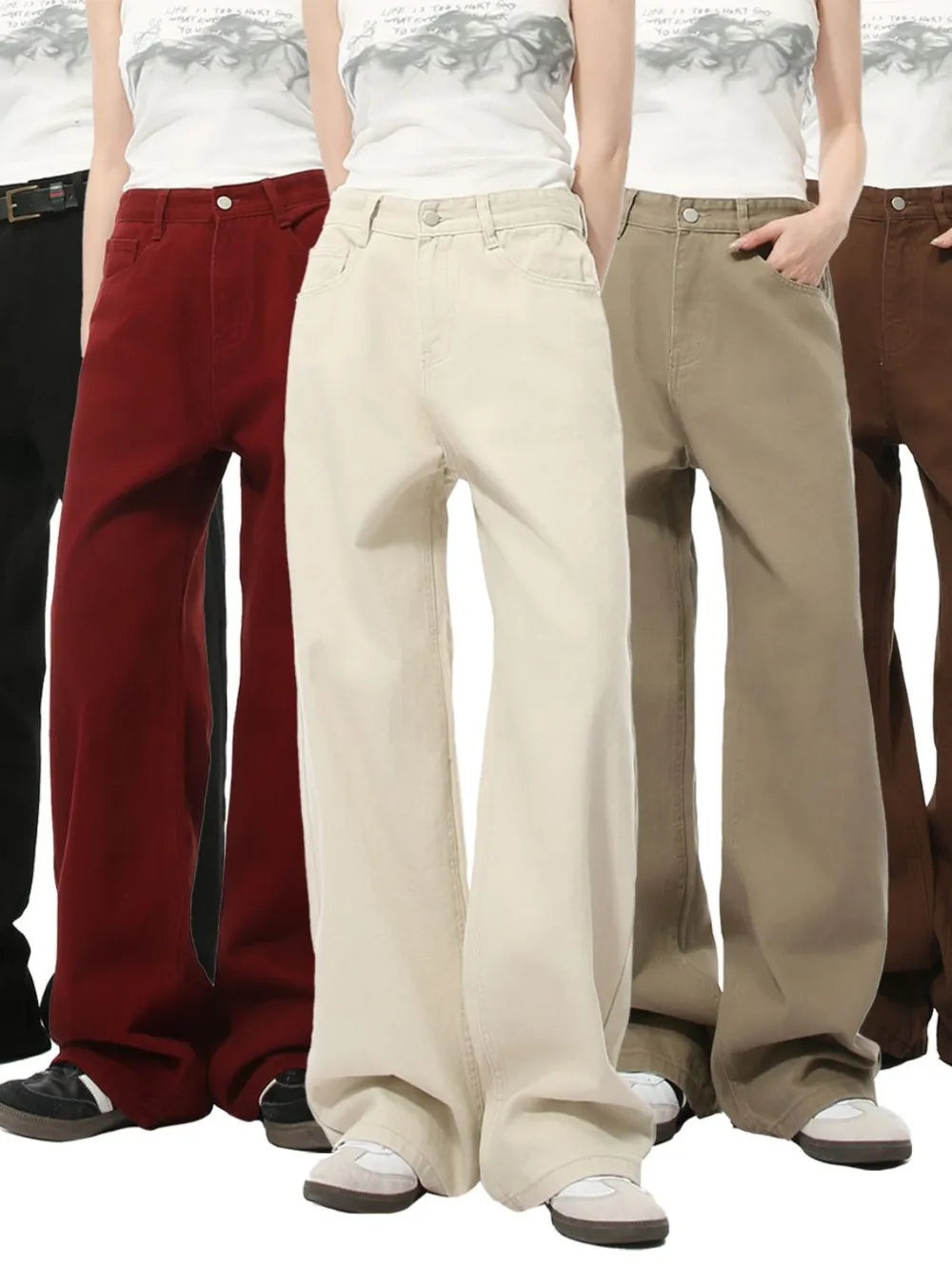 Urban Utility Wide-Leg Denim jeans in black, burgundy, beige, khaki, and brown.
