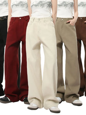 Urban Utility Wide-Leg Denim jeans in black, burgundy, beige, khaki, and brown.