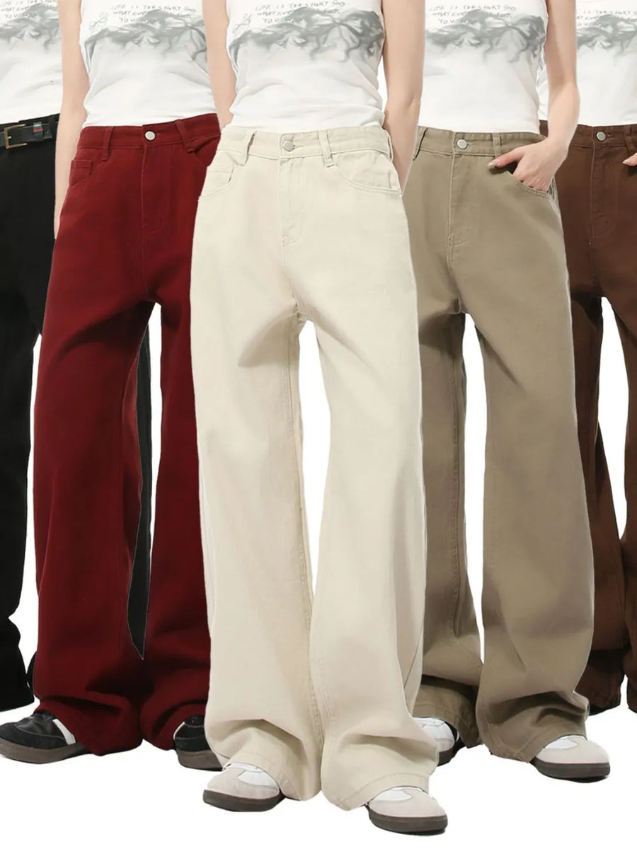 Urban Utility Wide-Leg Denim jeans in black, burgundy, beige, khaki, and brown.