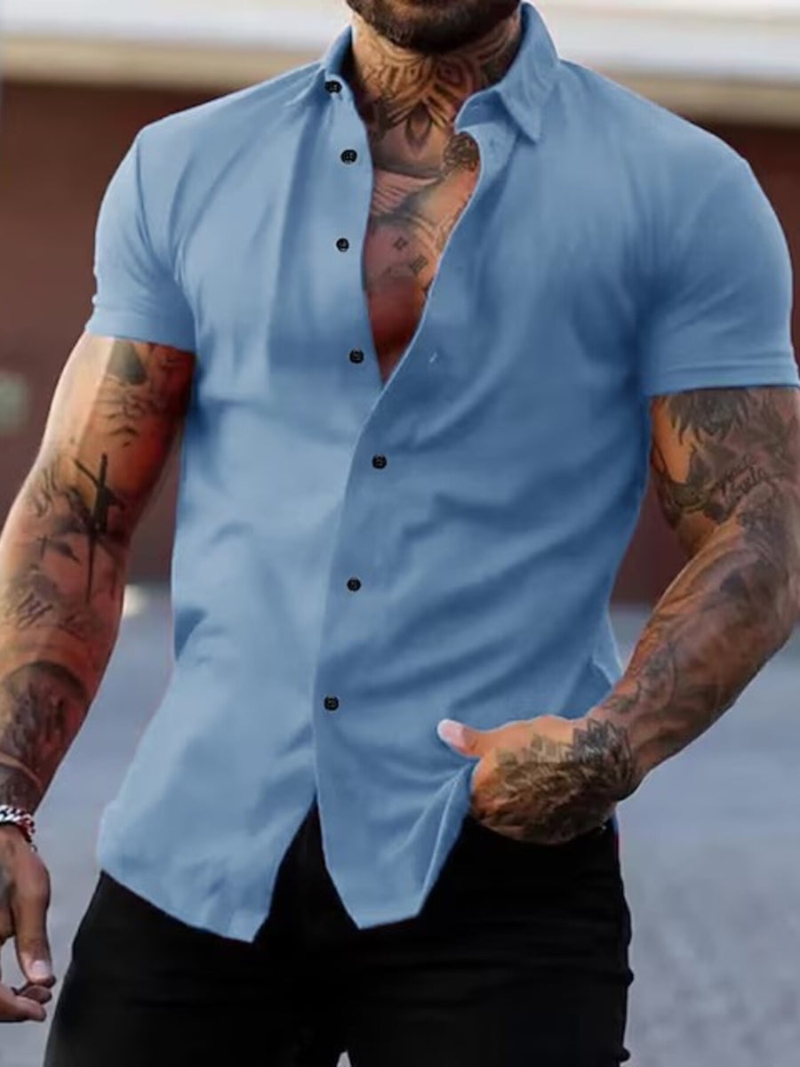 Men's sky blue slim fit short sleeve button-down shirt, cotton blend.