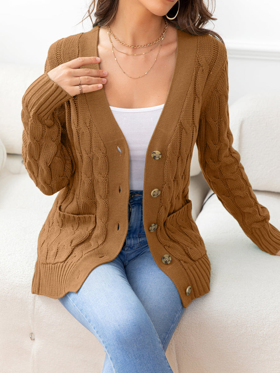Camel cable-knit cardigan with button front and pockets