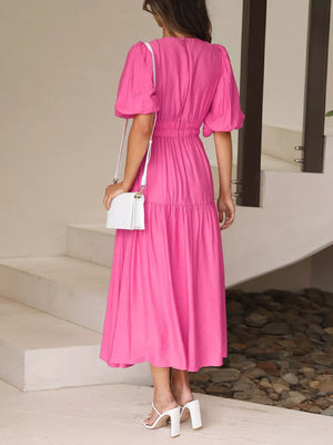 Elegant Puff Sleeve V-neck Midi Dress in Pastel Blue