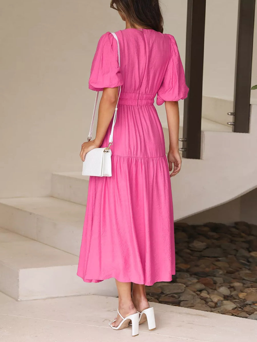 Elegant Puff Sleeve V-neck Midi Dress in Pastel Blue