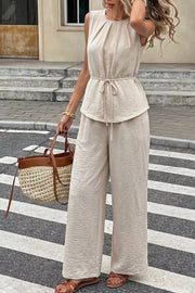 Pleated Sleeveless Top And Wide-leg Pants Set in Beige