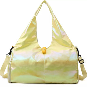 Iridescent pastel yellow PVC large capacity convertible bag with adjustable strap and comfortable handle.