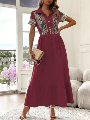 burgundy maxi dress with geometric and collared