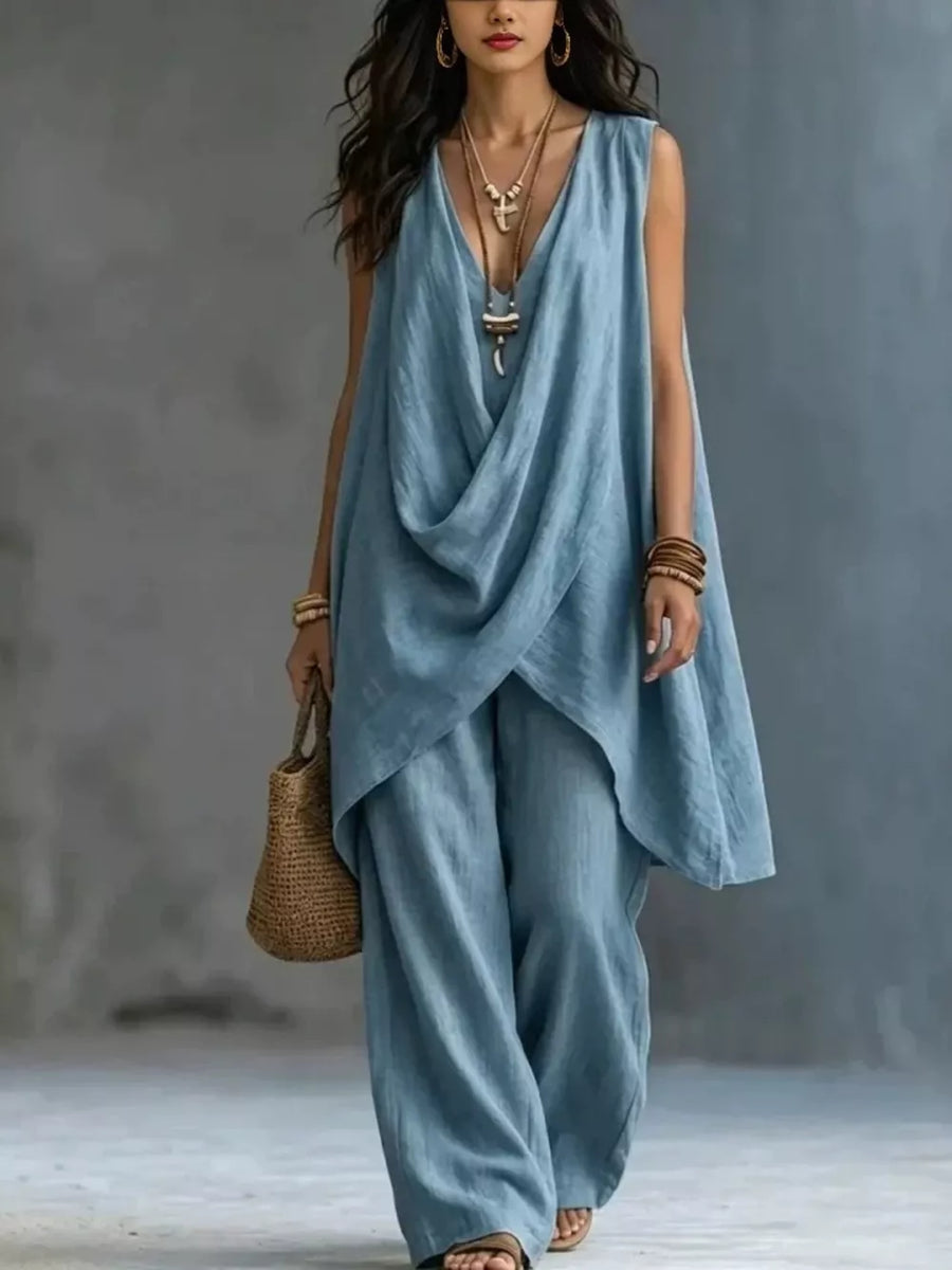 Sky blue asymmetrical draped top and wide-leg pants set, polyester