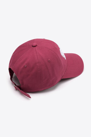 Deep Red baseball cap with white embroidered script and adjustable strap