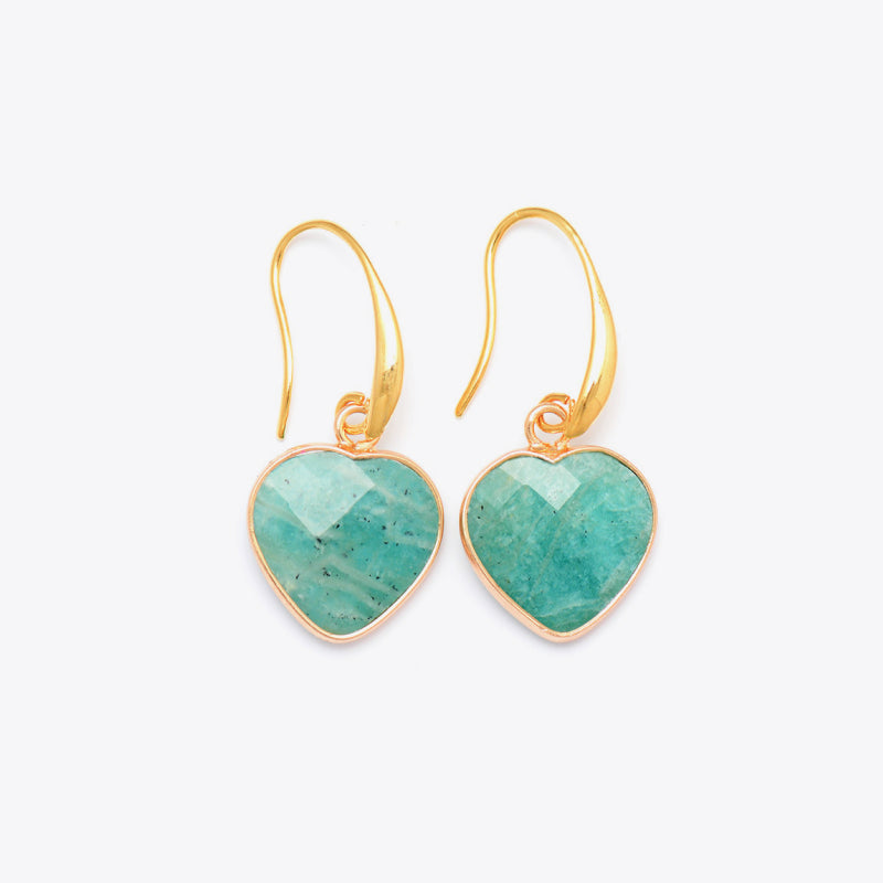 Amazonite heart drop earrings in aqua with gold hooks and copper settings.