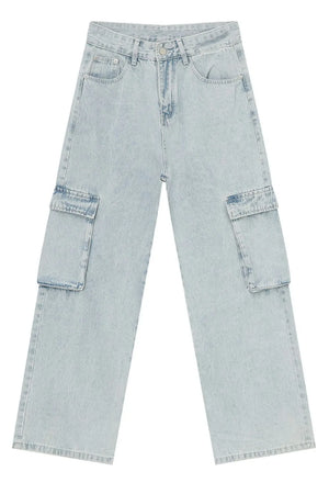 Baggy light wash denim cargo pants with large side pockets.